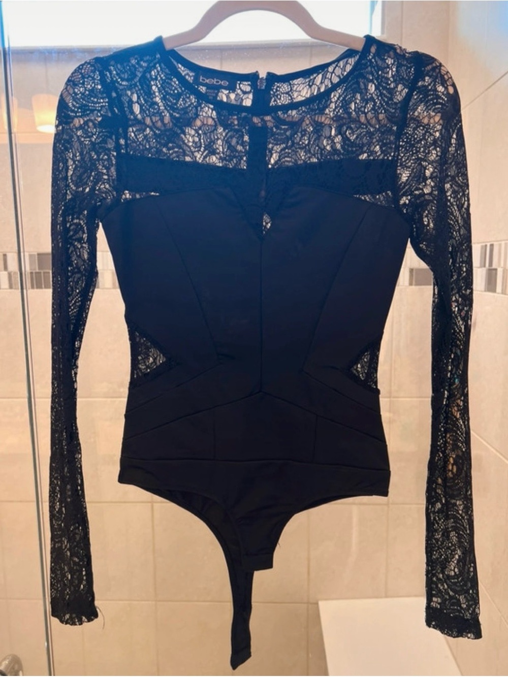 bebe Black Lace Long-Sleeve Bodysuit with Sheer Panels